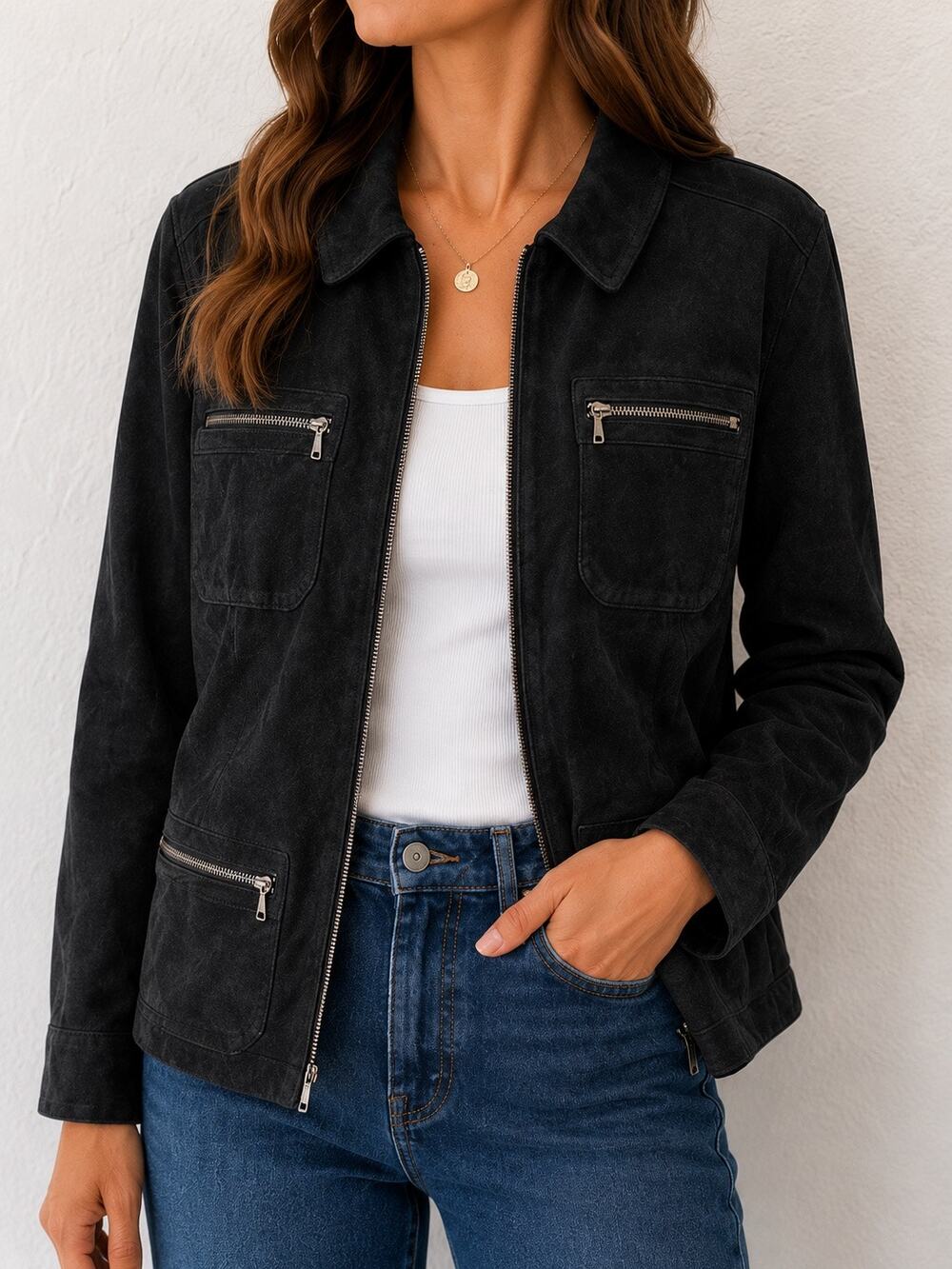 I.E. RELAXED Black Genuine Leather Suede Zip Jacket Utility Moto | Large